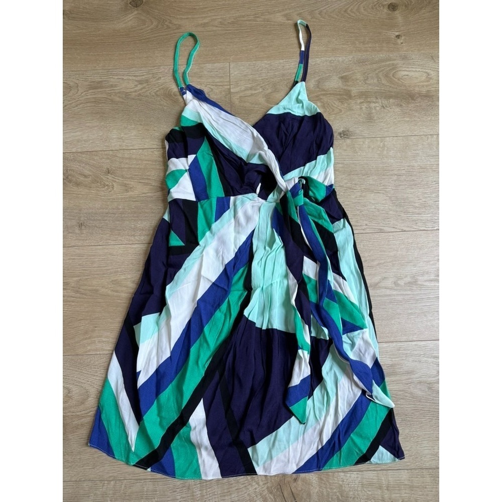 NWT Womens Olivaceous side tie mini dress geometric blue green patterned size M